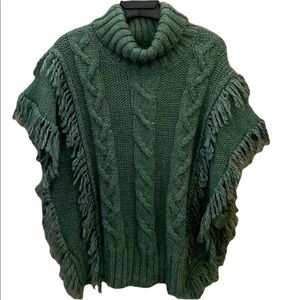 Betty Firenze Women’s Boho Cable Knit Fringe Poncho Sweater Turtleneck Small